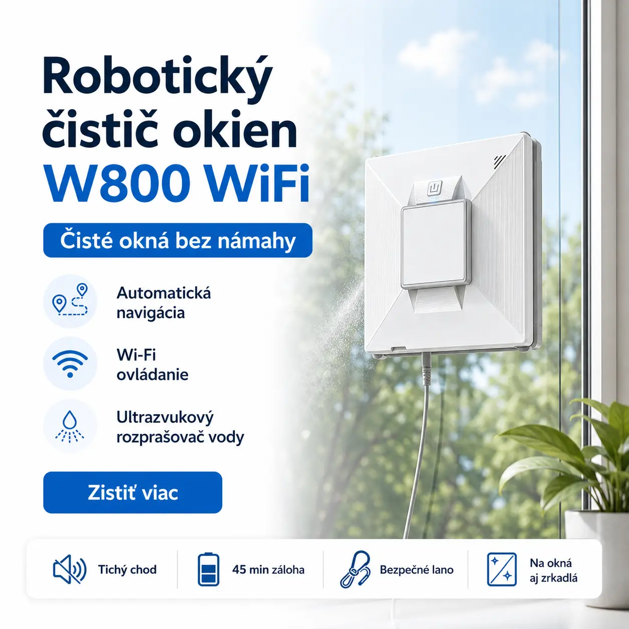 Robotický čistič okien W800 WiFi s automatickou navigáciou a ultrazvukovým rozprašovaním vody