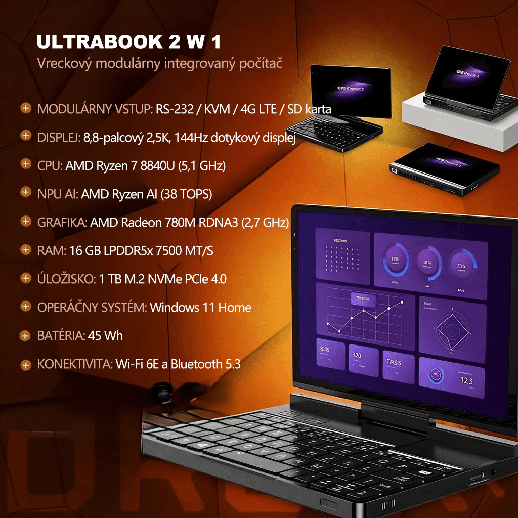Ultraprenosný mini notebook 2 v 1, 8,8-palcová dotyková obrazovka, rozlíšenie 2,5K, obnovovacia frekvencia 144 Hz, 16 GB RAM, dostupné možnosti úložiska 512 GB/1 TB/2 TB/4 TB.